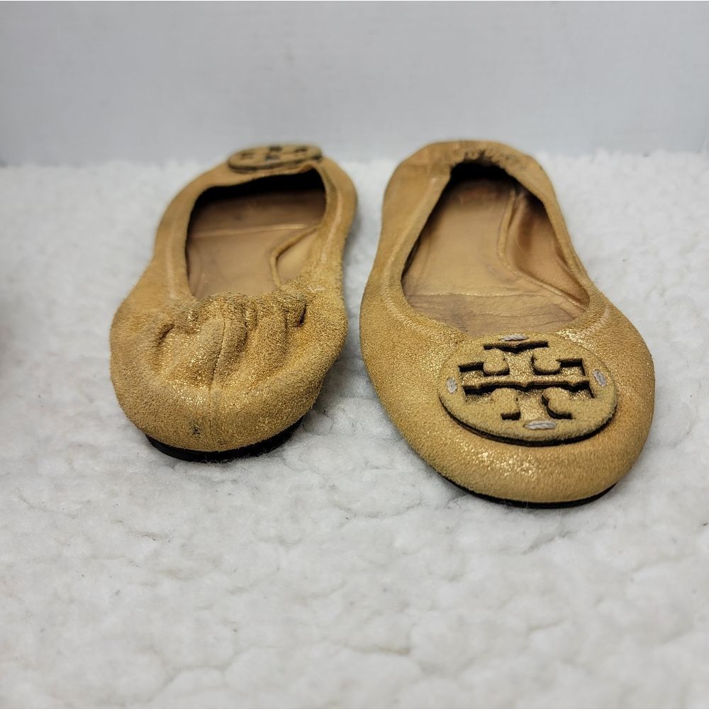 Tory Burch Reva Ballet Flats Women’s 10.5 Gold Metallic Leather Logo Shoes - Picture 8 of 13